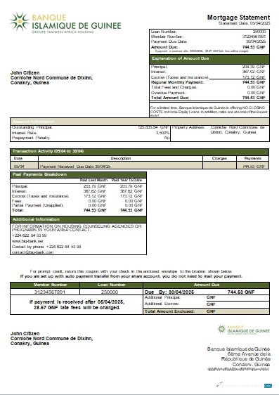 Download Guinea Banque Islamique de Guinée bank mortgage statement scr Photoshop template